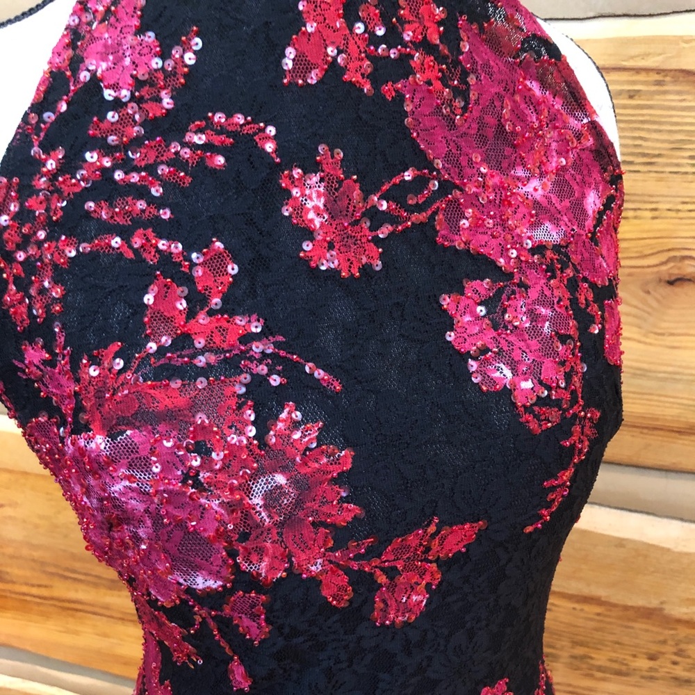 Cache Black & Red Lace With Sequins Halter Top - image 2